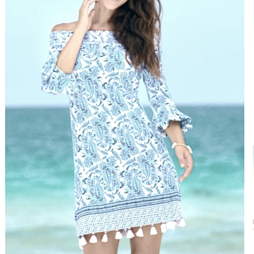 CABANA LIFE/Charleston Smocked Off the Shoulder/ Tulip Sleeves/Ruffle MiniDress